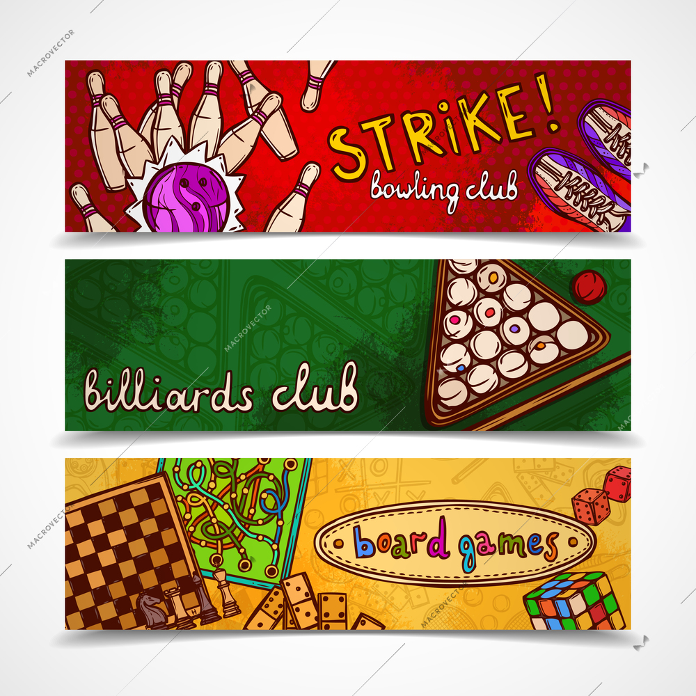 Sport and gambling games sketch colored horizontal banner set with bowling billiards and board isolated vector illustration