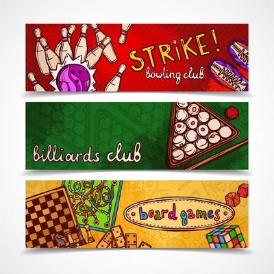 Sport and gambling games sketch colored horizontal banner set with bowling billiards and board isolated vector illustration