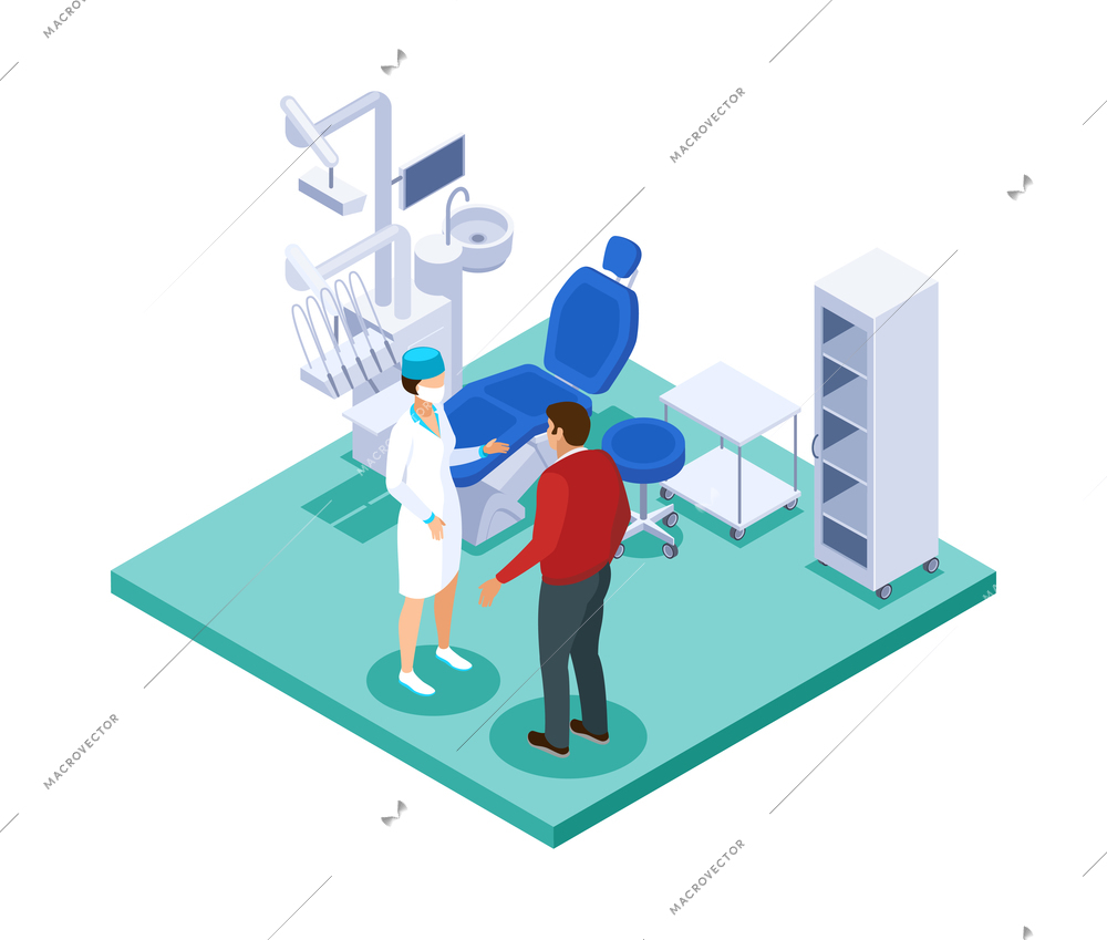 Isometric dentist composition with view of dental office with characters of medical worker and patient vector illustration