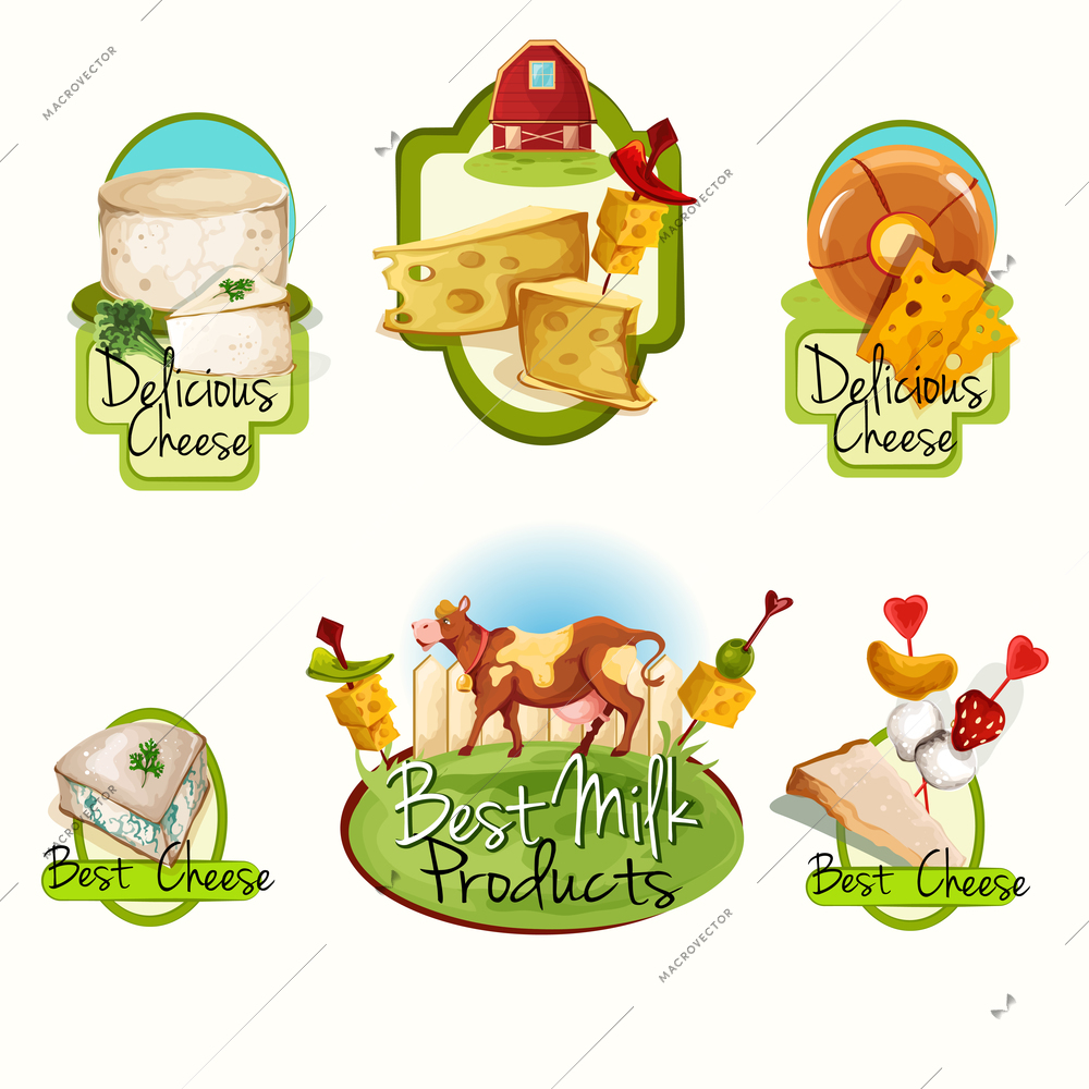 Natural delicious best milk products cheese food assortment colored decorative labels set isolated vector illustration