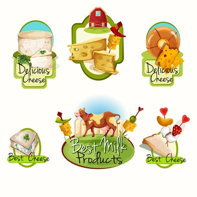 Natural delicious best milk products cheese food assortment colored decorative labels set isolated vector illustration