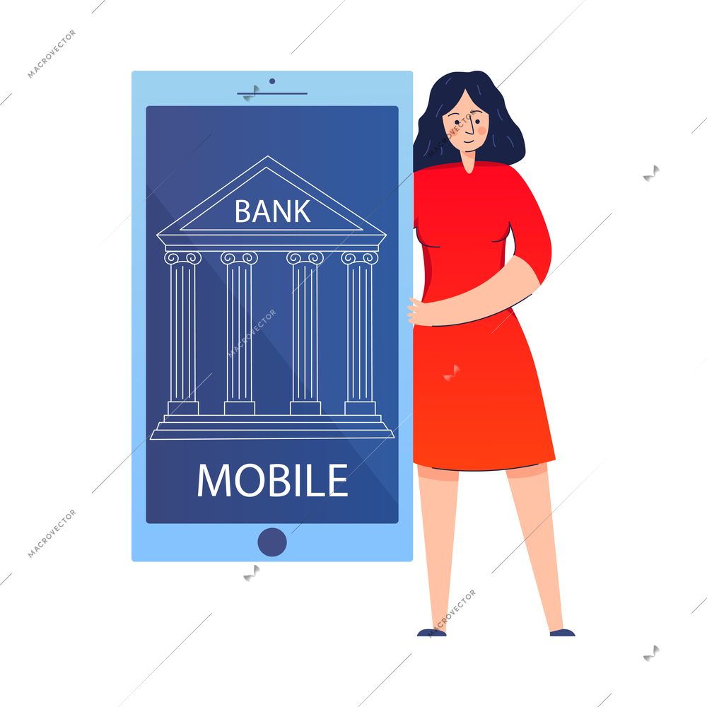 Mobile banking composition with flat human character using smartphone application isolated vector illustration