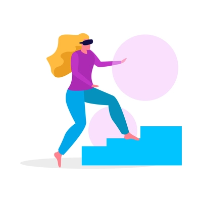 Virtual reality flat composition with human character wearing vr rig surrounded by holographic objects vector illustration