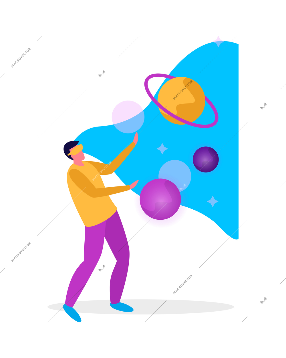 Virtual reality flat composition with human character wearing vr rig surrounded by holographic objects vector illustration