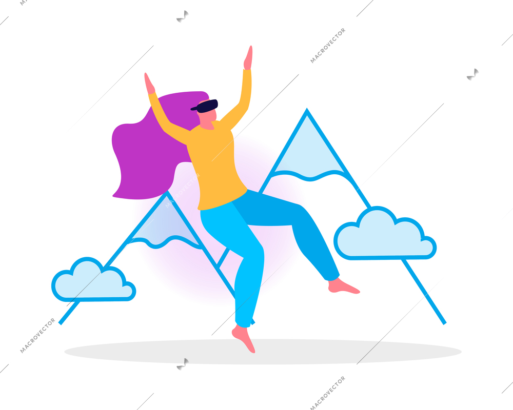 Virtual reality flat composition with human character wearing vr rig surrounded by holographic objects vector illustration