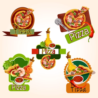 Pizza restaurant menu emblems set with ingredients oil and seasoning isolated vector illustration