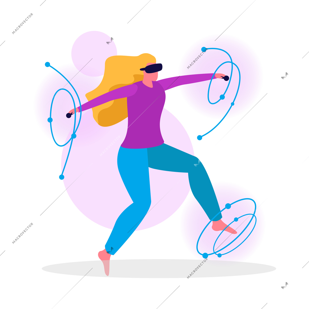 Virtual reality flat composition with human character wearing vr rig surrounded by holographic objects vector illustration