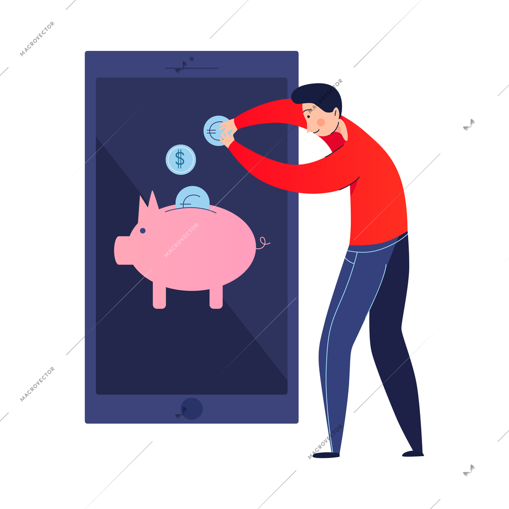 Mobile banking composition with flat human character using smartphone application isolated vector illustration