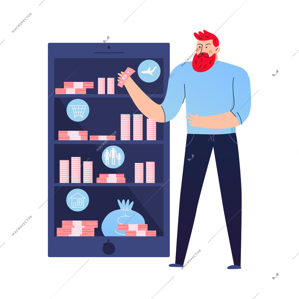 Mobile banking composition with flat human character using smartphone application isolated vector illustration