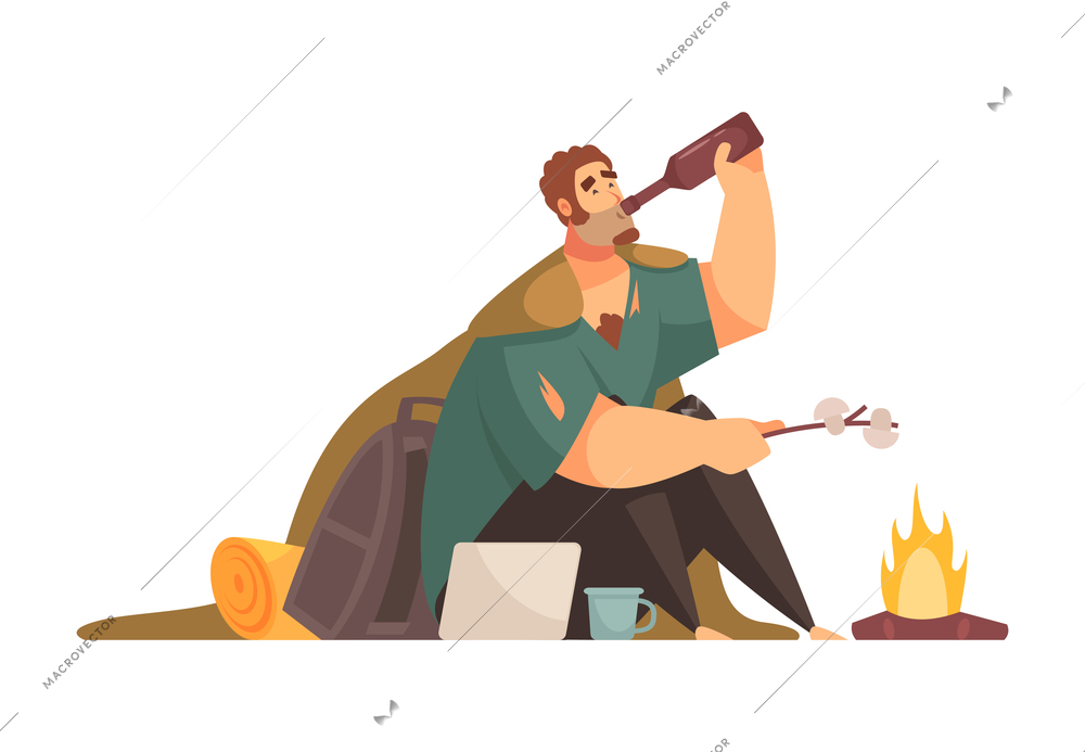 Poor man composition with flat human character of homeless person on blank background vector illustration