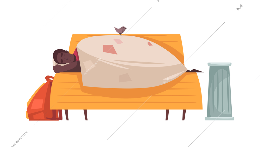 Poor man composition with flat human character of homeless person on blank background vector illustration