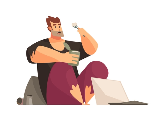 Poor man composition with flat human character of homeless person on blank background vector illustration