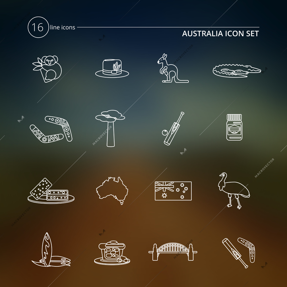 Australia travel icons outline set with adansonia vegemite surfboard meat pie isolated vector illustration
