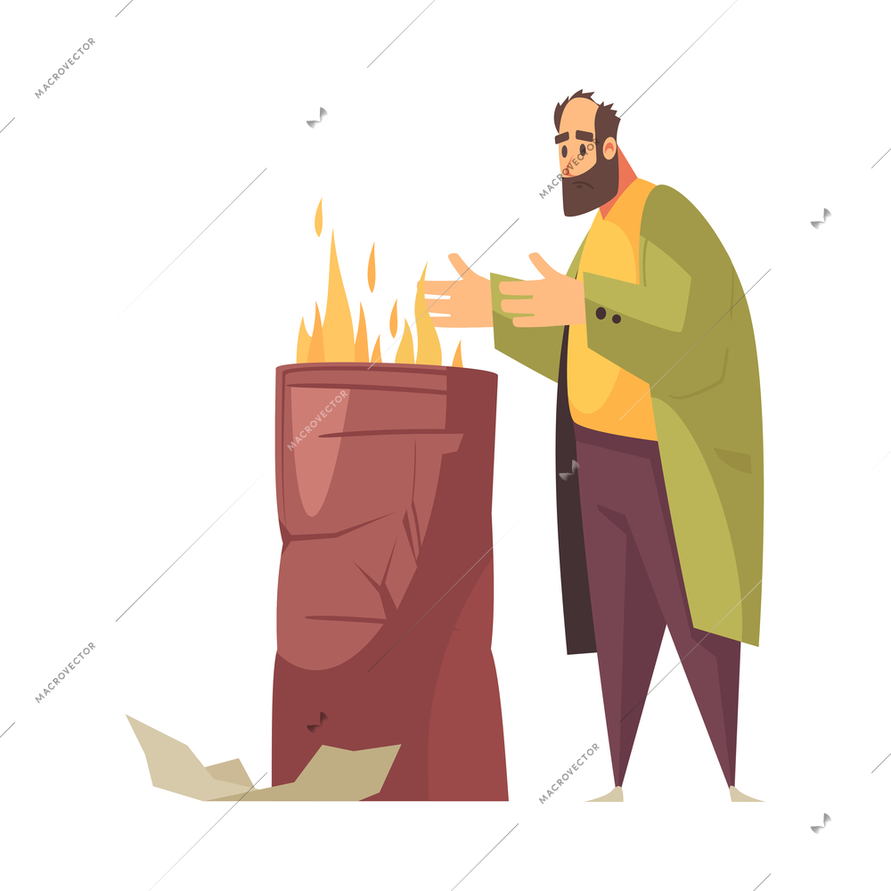 Poor man composition with flat human character of homeless person on blank background vector illustration