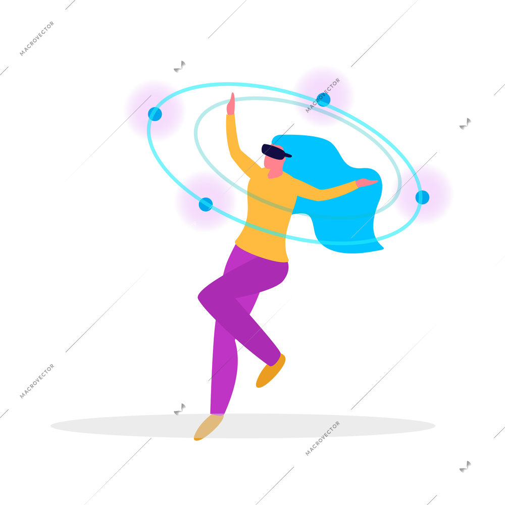 Virtual reality flat composition with human character wearing vr rig surrounded by holographic objects vector illustration