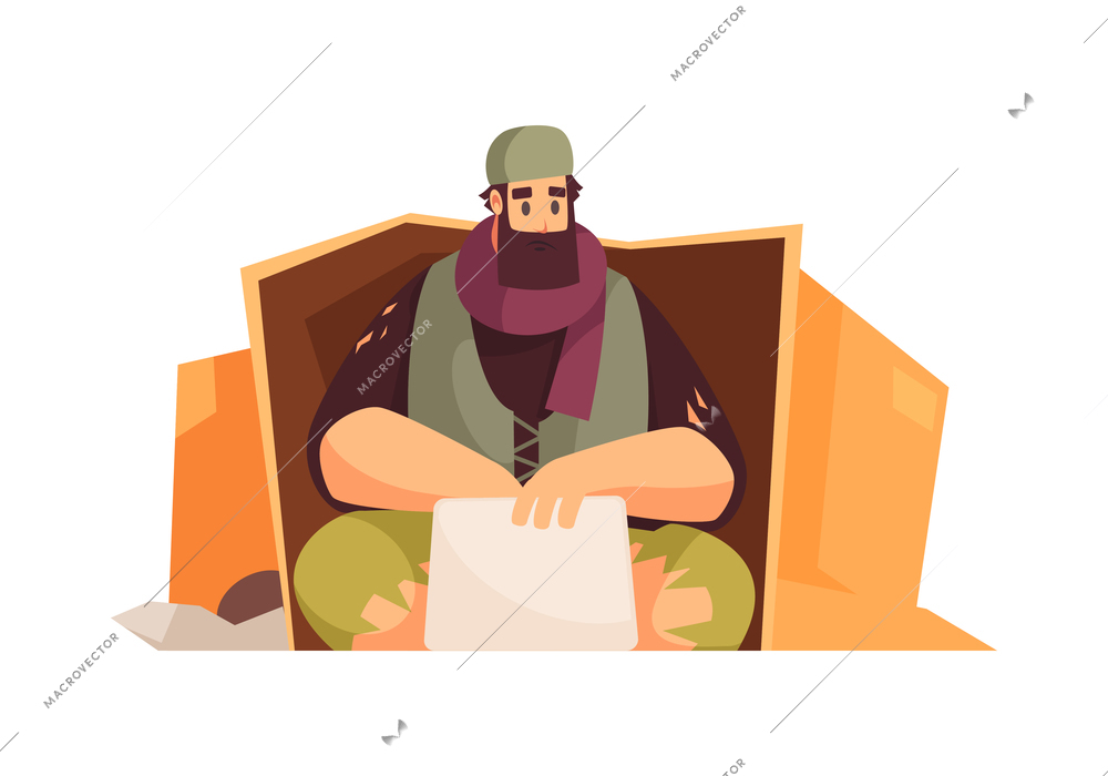 Poor man composition with flat human character of homeless person on blank background vector illustration