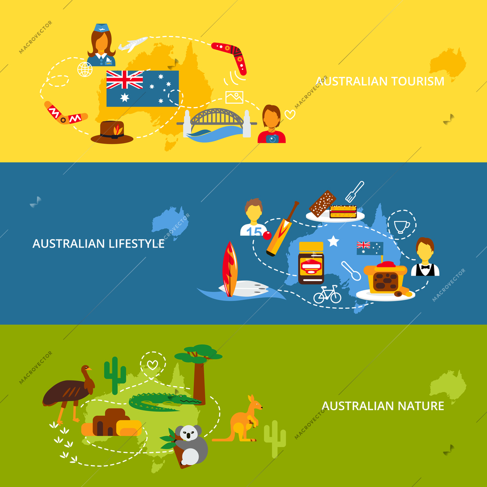 Australia travel flat banner set with australian tourism lifestyle nature isolated vector illustration