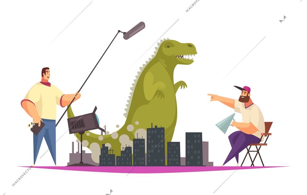 Cinema movie film production flat composition with comic characters of actors and film crew vector illustration