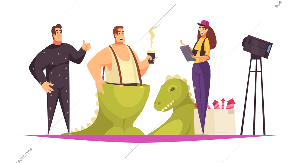 Cinema movie film production flat composition with comic characters of actors and film crew vector illustration