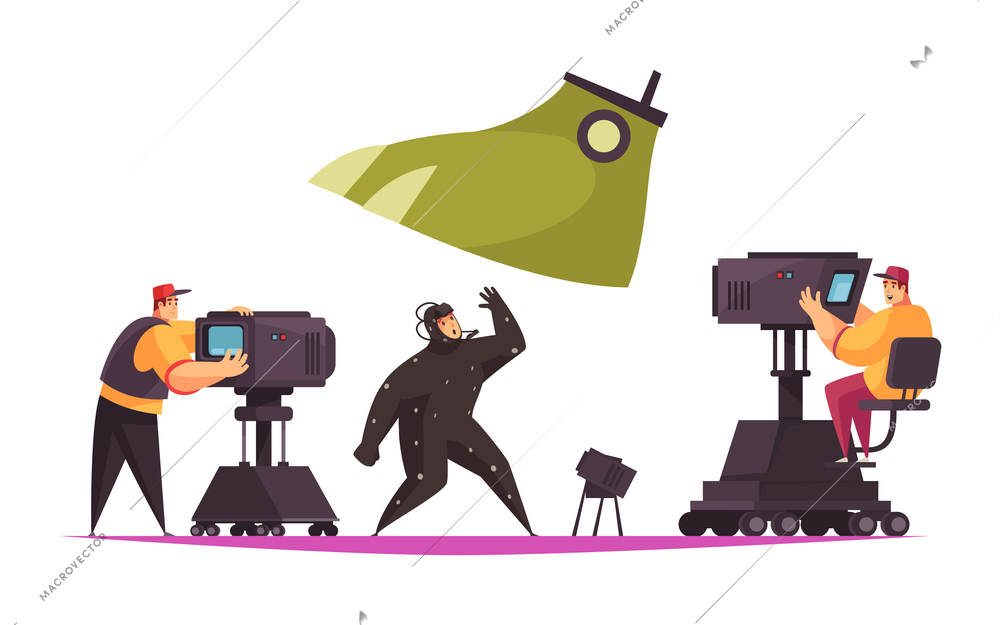 Cinema movie film production flat composition with comic characters of actors and film crew vector illustration