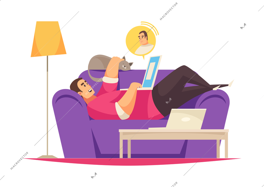 Freelance remote flexible work composition with cartoon style human character of freelancer relaxing at work vector illustration