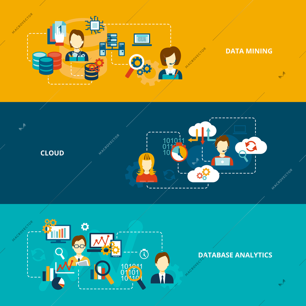 Database analytics banner flat set with data mining cloud isolated vector illustration