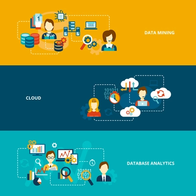 Database analytics banner flat set with data mining cloud isolated vector illustration