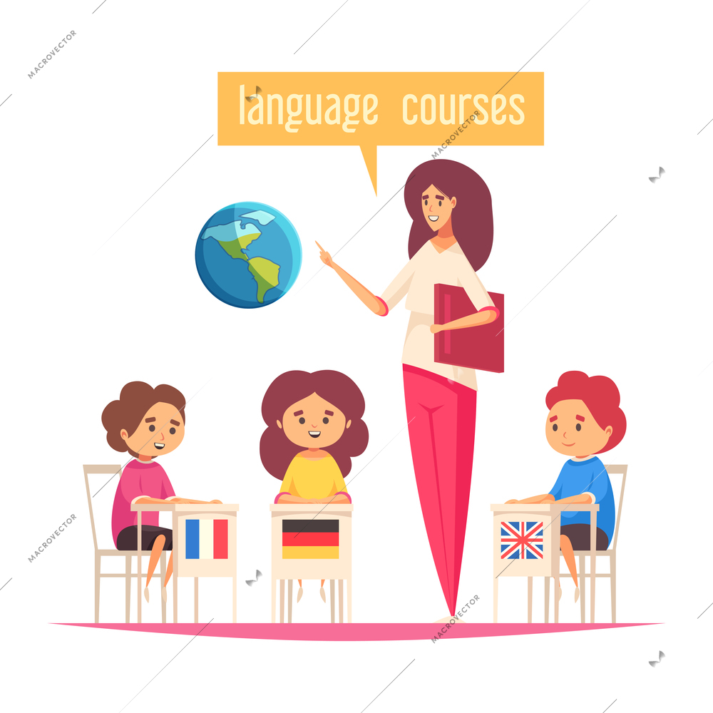 Learning language training composition with characters of pupils with flags and teacher vector illustration