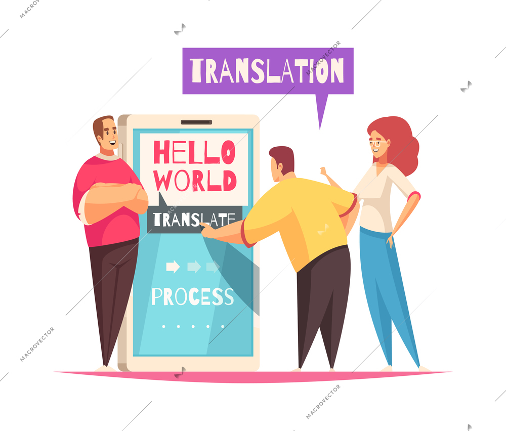 Learning language training composition with human characters and big touchscreen vector illustration