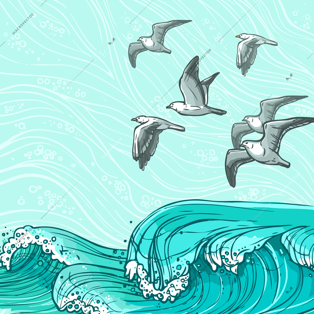 Waves flowing water sketch sea ocean and flying seagull birds colored background vector illustration