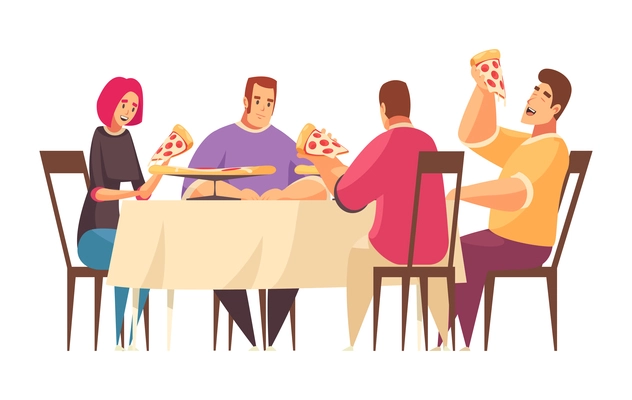 Pizza composition with doodle style human characters handling delicious pizza vector illustration