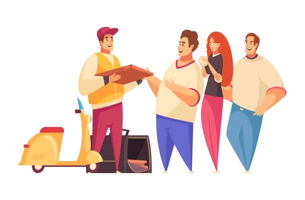 Pizza composition with doodle style human characters handling delicious pizza vector illustration