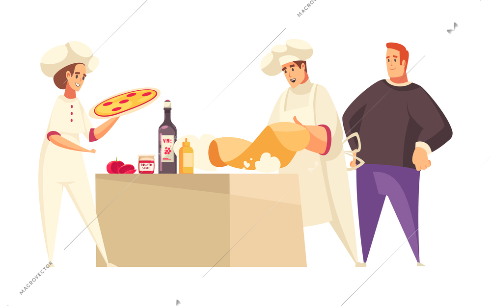 Pizza composition with doodle style human characters handling delicious pizza vector illustration