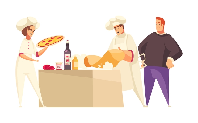 Pizza composition with doodle style human characters handling delicious pizza vector illustration