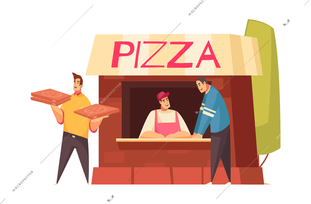 Pizza composition with doodle style human characters handling delicious pizza vector illustration