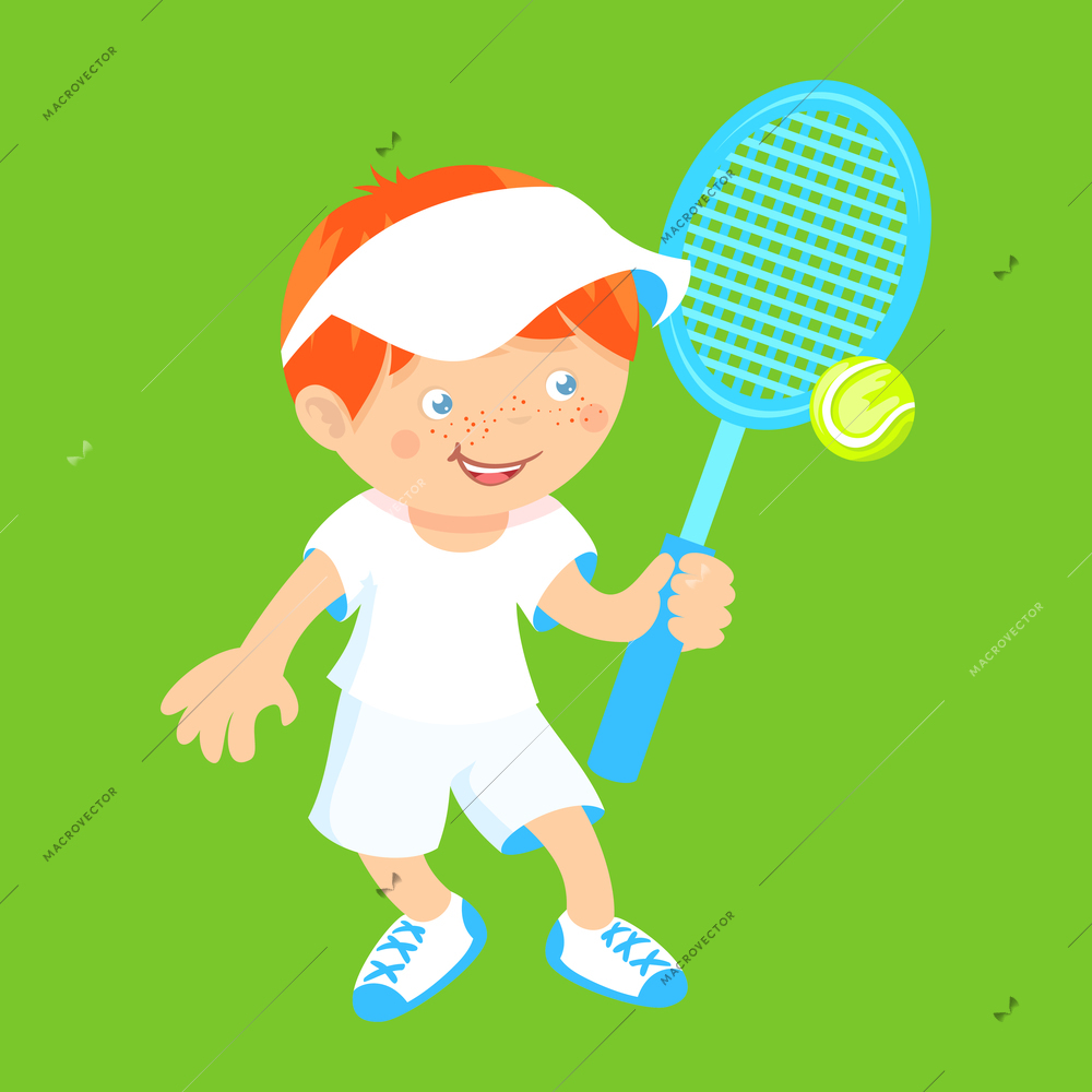 Boy kid with sport badminton racquet and shuttlecock isolated on green background vector illustration.