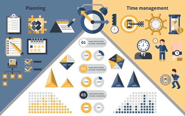 Time management and planning infographics set with charts and successful manager symbols vector illustration