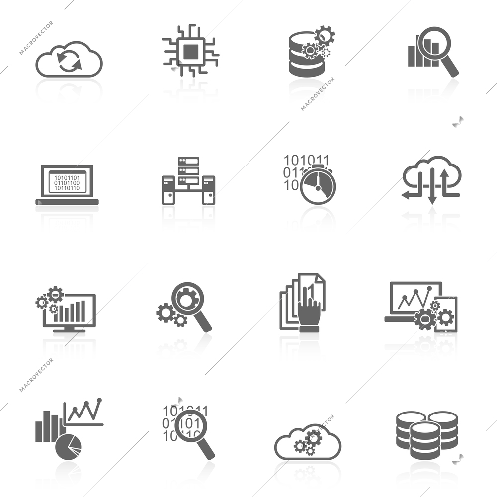 Database analytics information technology digital processign icons black set isolated vector illustration