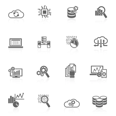 Database analytics information technology digital processign icons black set isolated vector illustration