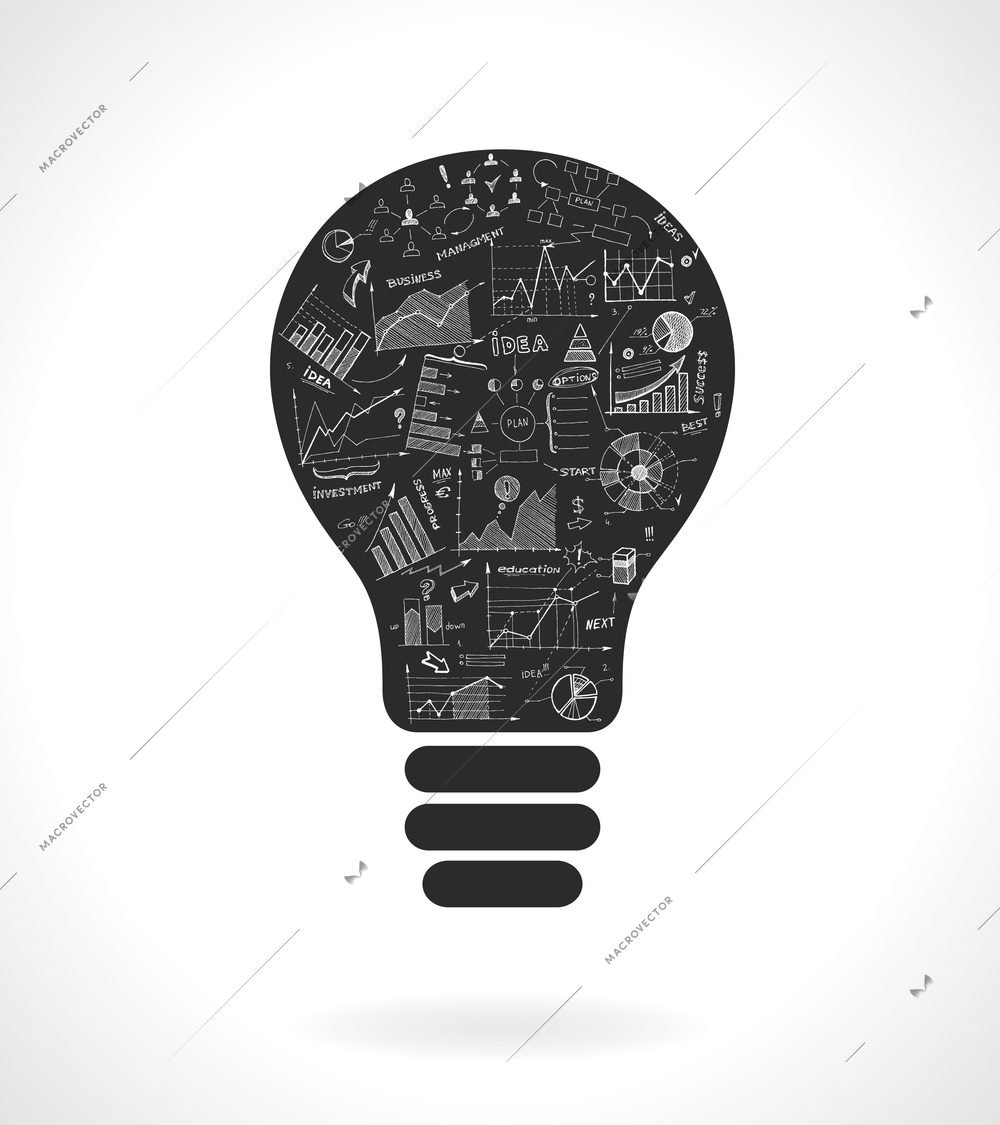 Doodle idea lightbulb icon with infographics charts isolated vector illustration