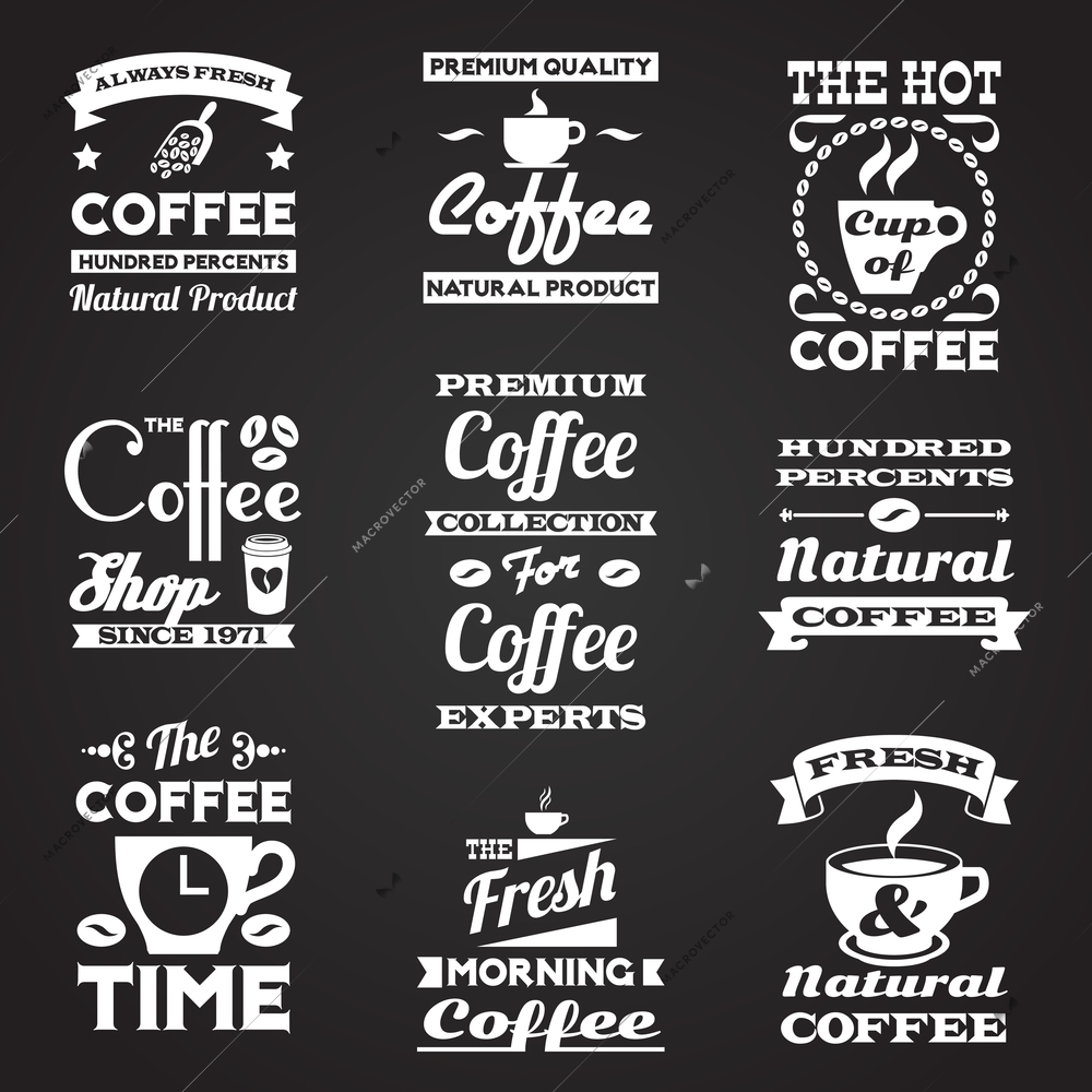 Coffee retro vintage black and white premium quality natural product smooth taste always fresh labels set isolated vector illustration