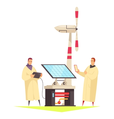 Science composition with cartoon style characters of scientists with hi-tech laboratory appliances vector illustration