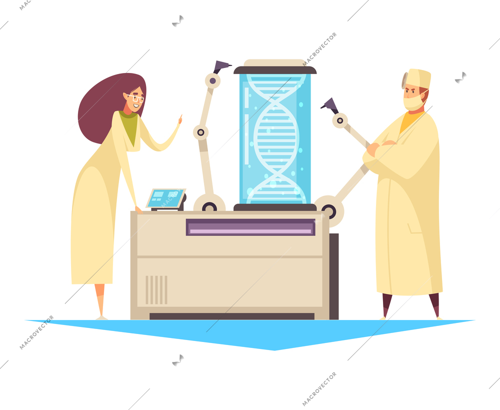 Science composition with cartoon style characters of scientists with hi-tech laboratory appliances vector illustration