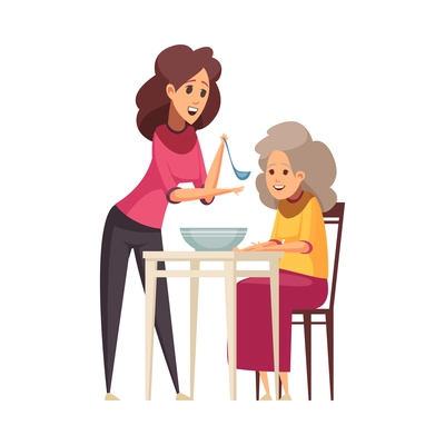 Help elderly people composition with cartoon style human characters of young assist senior vector illustration