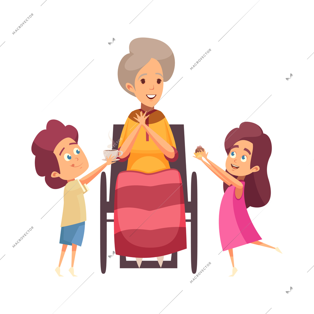 Help elderly people composition with cartoon style human characters of young assist senior vector illustration