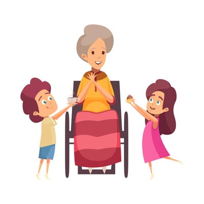 Help elderly people composition with cartoon style human characters of young assist senior vector illustration