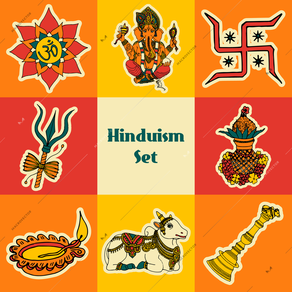 India travel traditional culture hinduism symbols decorative colored sketch icons set isolated vector illustration
