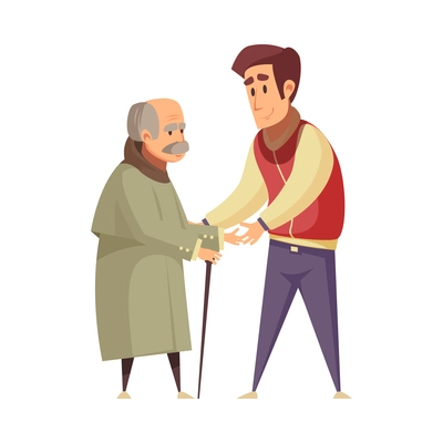 Help elderly people composition with cartoon style human characters of young assist senior vector illustration