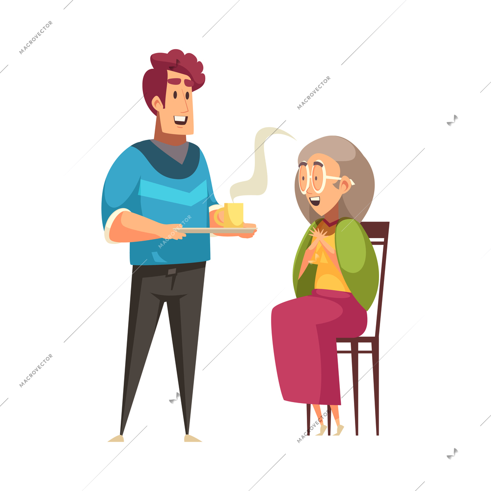 Help elderly people composition with cartoon style human characters of young assist senior vector illustration