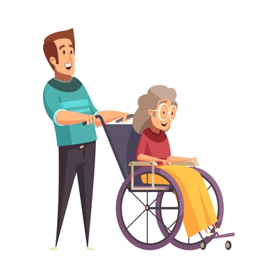 Help elderly people composition with cartoon style human characters of young assist senior vector illustration